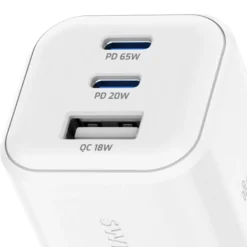 Ładowarka sieciowa Swissten GaN, 2x USB-C PD i 1x USB-A QC, 65 W i 18 W, biała