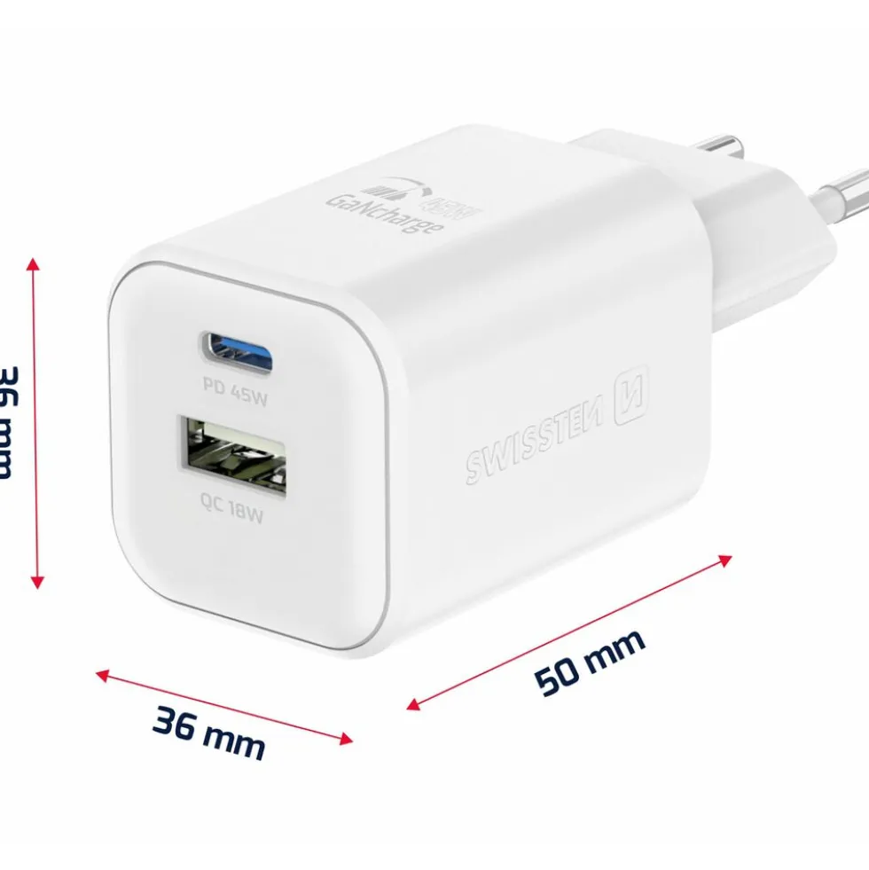 Ładowarka sieciowa Swissten GaN, USB-C PD i USB-A QC, 45 W i 18 W, biała