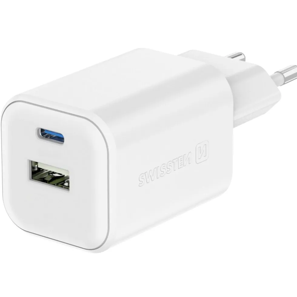 Ładowarka sieciowa Swissten GaN, USB-C PD i USB-A QC, 45 W i 18 W, biała