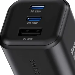 Ładowarka sieciowa Swissten GaN, 2x USB-C PD i 1x USB-A QC, 65 W i 18 W, czarna