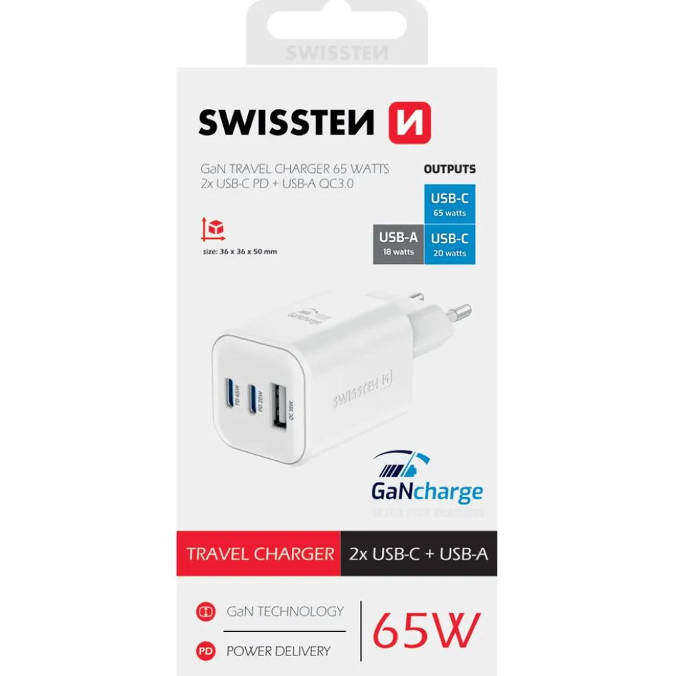 Ładowarka sieciowa Swissten GaN, 2x USB-C PD i 1x USB-A QC, 65 W i 18 W, czarna