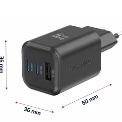 Ładowarka sieciowa Swissten GaN, 2x USB-C PD i 1x USB-A QC, 65 W i 18 W, czarna