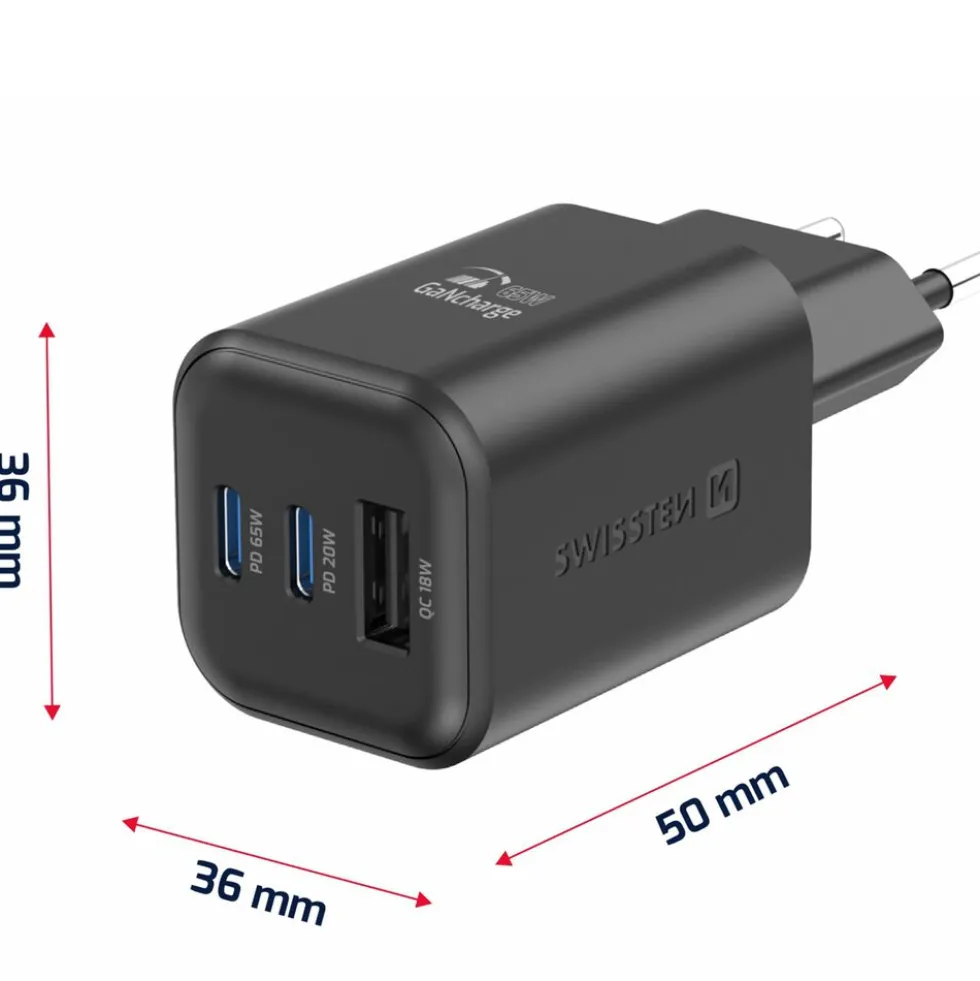 Ładowarka sieciowa Swissten GaN, 2x USB-C PD i 1x USB-A QC, 65 W i 18 W, czarna