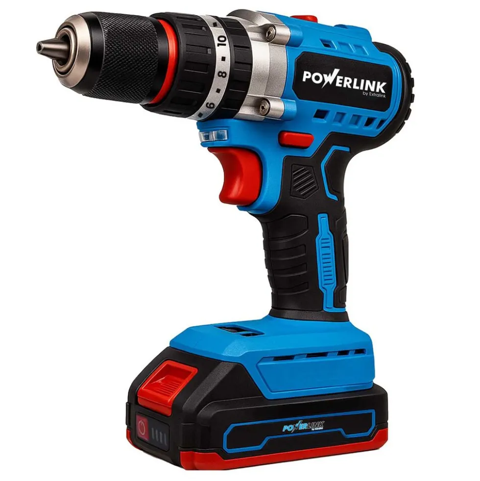 Akumulatorowa wiertarko-wkrętarka udarowa z silnikiem bezszczotkowym Powerlink, 20 V, 50 Nm, 10 mm, 2x akumulator 1,5 Ah, z akcesoriami