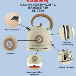 Czajnik elektryczny Klausberg, 1,8 l, 1850-2200 W, z termometrem