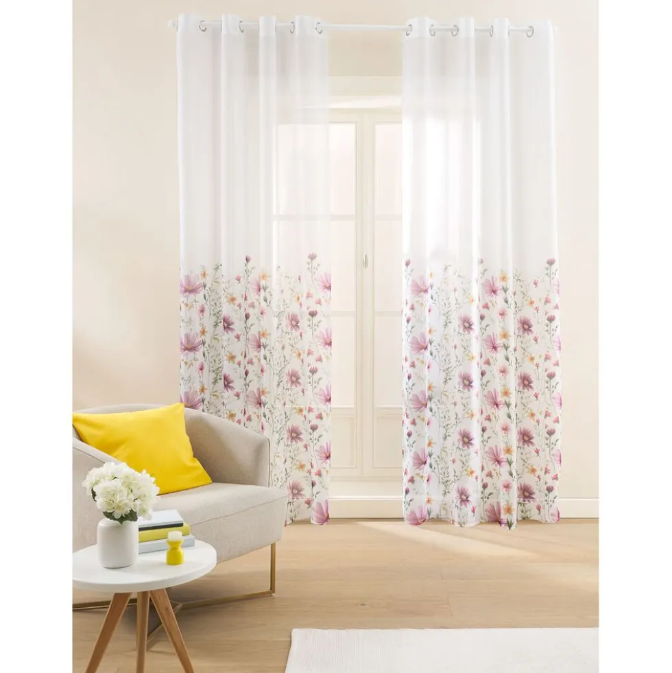 Firany na przelotkach 137 x 250 cm Smukee Home, 2 szt., z nadrukiem, różowe kwiaty