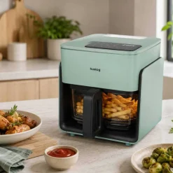 Frytkownica beztłuszczowa szklana Huslog Crystal Steam, 1300 W, 4,2 l, z funkcją pary, zielona