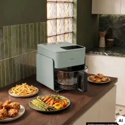 Frytkownica beztłuszczowa szklana Huslog Crystal Steam, 1300 W, 4,2 l, z funkcją pary, zielona
