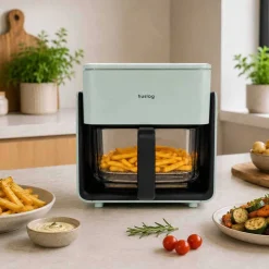 Frytkownica beztłuszczowa szklana Huslog Crystal Steam, 1300 W, 4,2 l, z funkcją pary, zielona