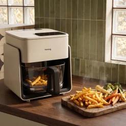Frytkownica beztłuszczowa szklana Huslog Crystal Steam, 1300 W, 4,2 l, z funkcją pary, kremowa