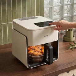 Frytkownica beztłuszczowa szklana Huslog Crystal Steam, 1300 W, 4,2 l, z funkcją pary, kremowa