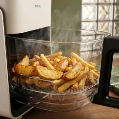 Frytkownica beztłuszczowa szklana Huslog Crystal Steam, 1300 W, 4,2 l, z funkcją pary, kremowa