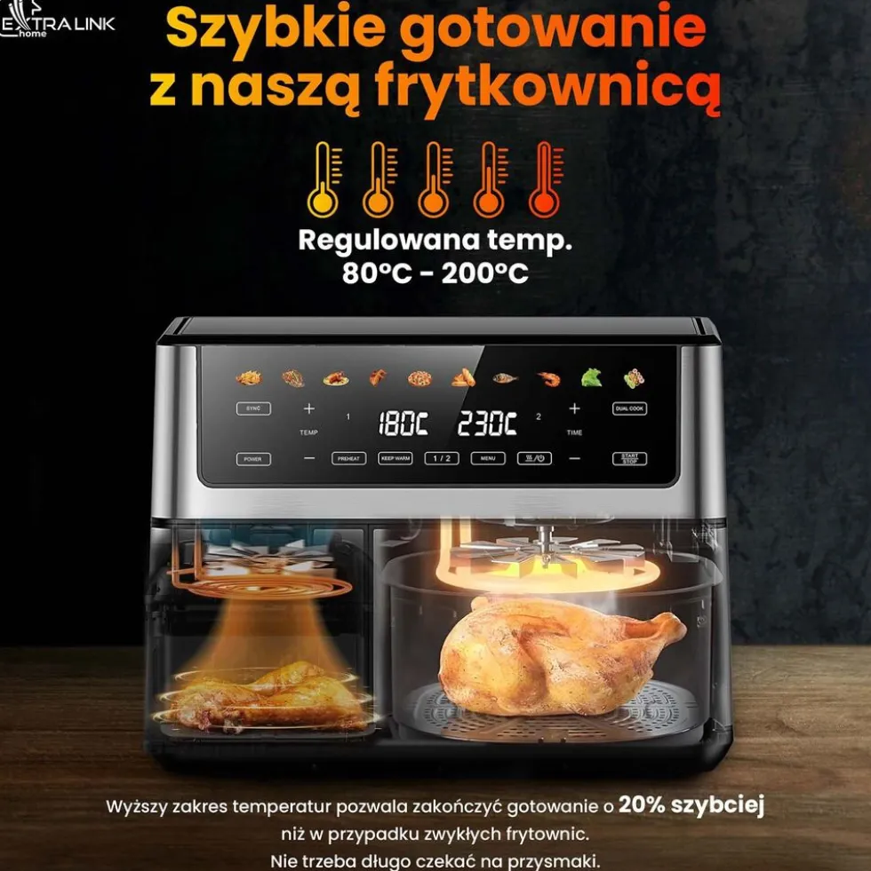Frytkownica beztłuszczowa z okienkiem Extralink Dual Basket, 2 komory, 2500 W, 6,5 l i 3,5 l, srebrna