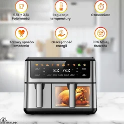Frytkownica beztłuszczowa z okienkiem Extralink Dual Basket, 2 komory, 2500 W, 6,5 l i 3,5 l, srebrna
