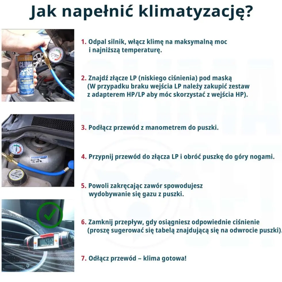 Gaz do klimatyzacji ClimaSet 3w1 R134a 626 g, z przewodem z manometrem i adapterem HP/LP
