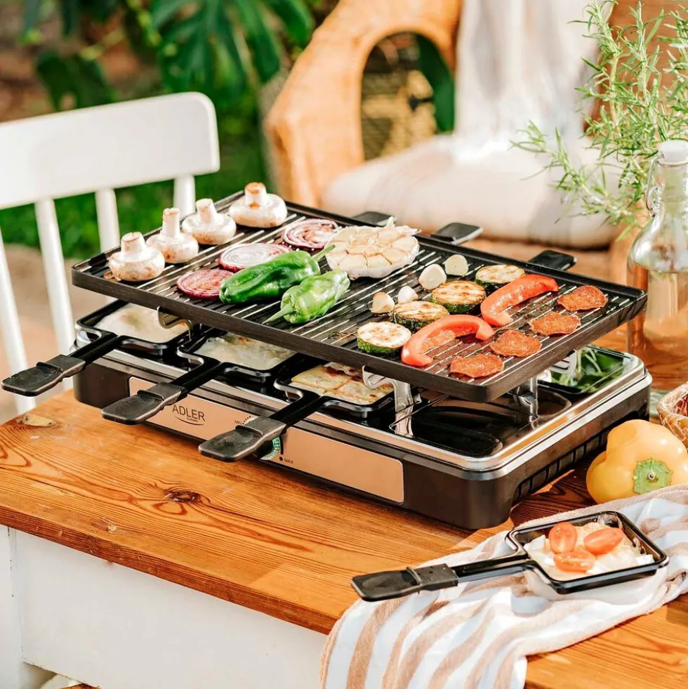 Grill elektryczny raclette Adler AD 6616, 1400 W, dwustronna płyta 42 x 23 cm, 8 x minipatelnia do raclette