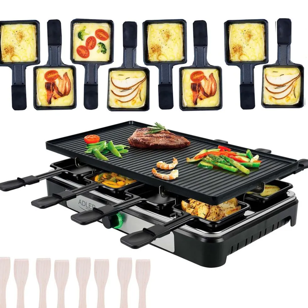 Grill elektryczny raclette Adler AD 6616, 1400 W, dwustronna płyta 42 x 23 cm, 8 x minipatelnia do raclette