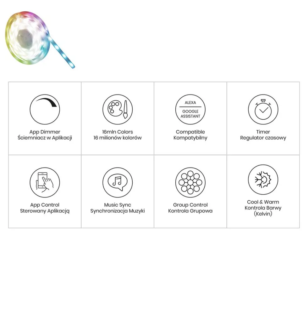 Inteligentna taśma LED RGB Smart Tuya IP65 Eko-Light, 3 m, Wi-Fi