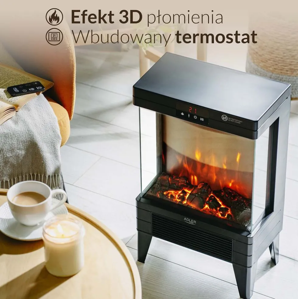 Kominek elektryczny LED Adler AD7755, z pilotem, 2 moce grzania, 1000 W/2000 W