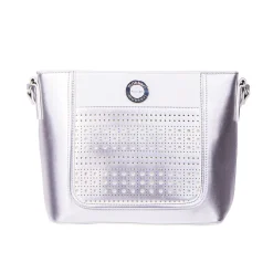 Mała torebka damska z ażurowym wzorem, 30 x 22 x 12 cm, srebrna