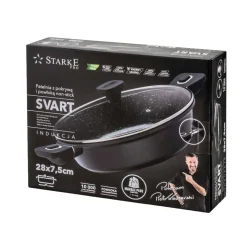 Patelnia głęboka 28 cm Starke Pro Svart Marble, z odpinanymi uchwytami i pokrywką, czarna