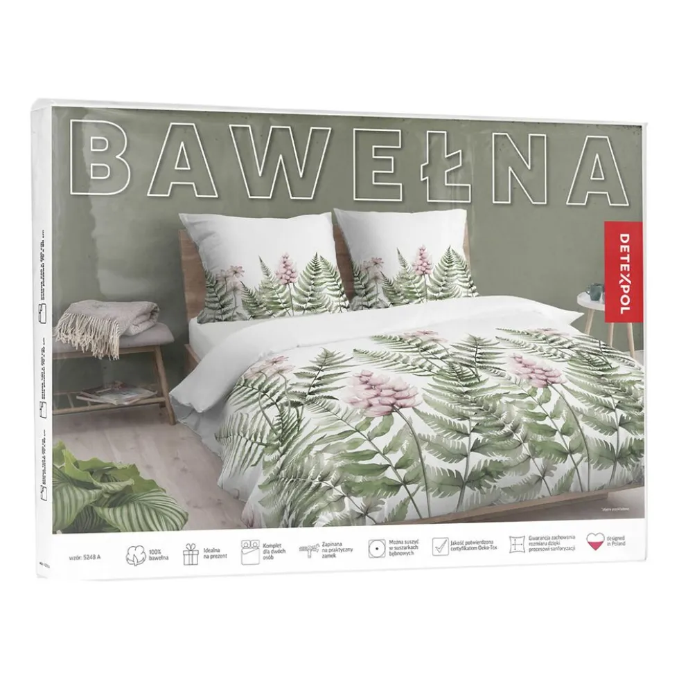 Pościel bawełniana 220 x 200 cm Detexpol, paprocie, biała