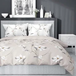 Pościel satynowa 160 x 200 cm Home Satin, kwiaty, beżowa