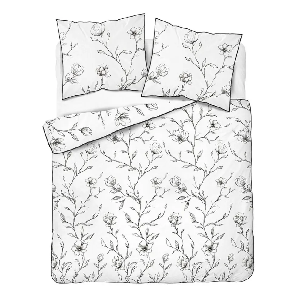 Pościel z perkalu 160 x 200 cm Lame Percale, czarne kwiaty, biała