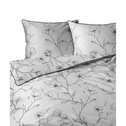 Pościel z perkalu 160 x 200 cm Lame Percale, czarne kwiaty, biała