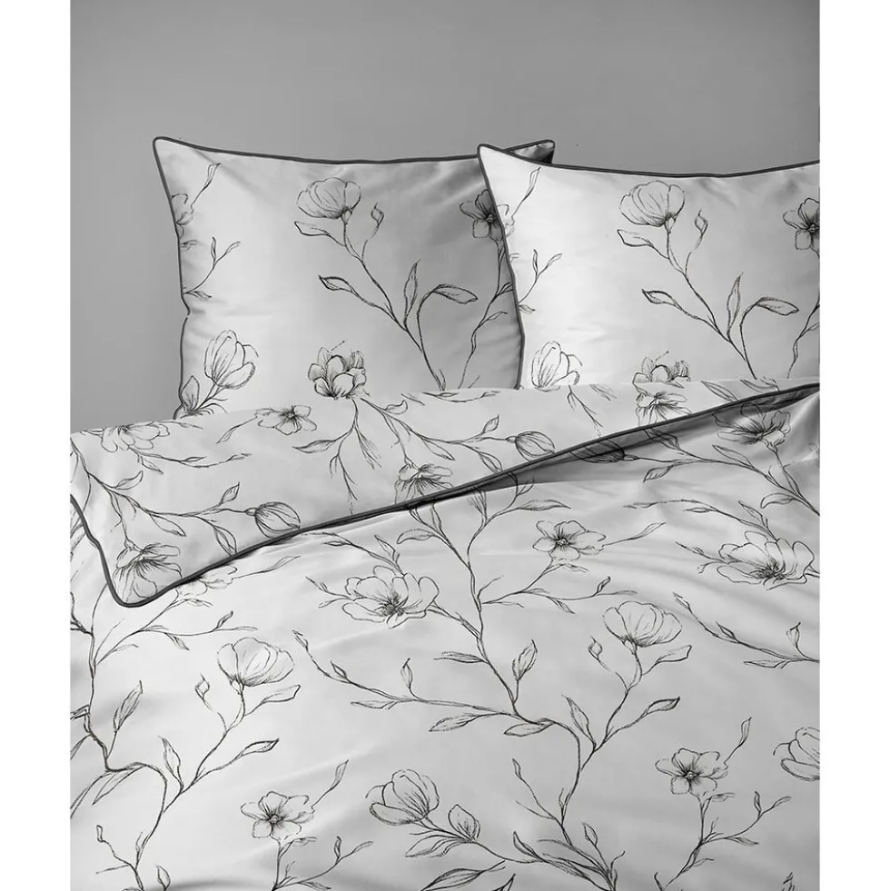 Pościel z perkalu 160 x 200 cm Lame Percale, czarne kwiaty, biała