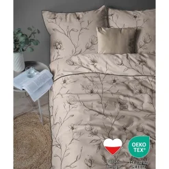Pościel z perkalu 160 x 200 cm Lame Percale, czarne kwiaty, beżowa
