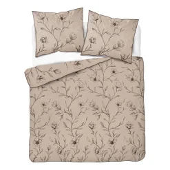 Pościel z perkalu 160 x 200 cm Lame Percale, czarne kwiaty, beżowa