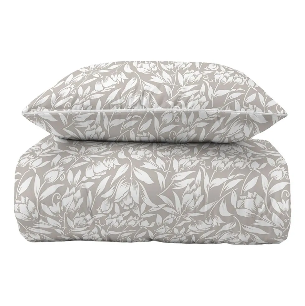 Pościel z perkalu 160 x 200 cm Lame Percale, białe kwiaty, beżowa
