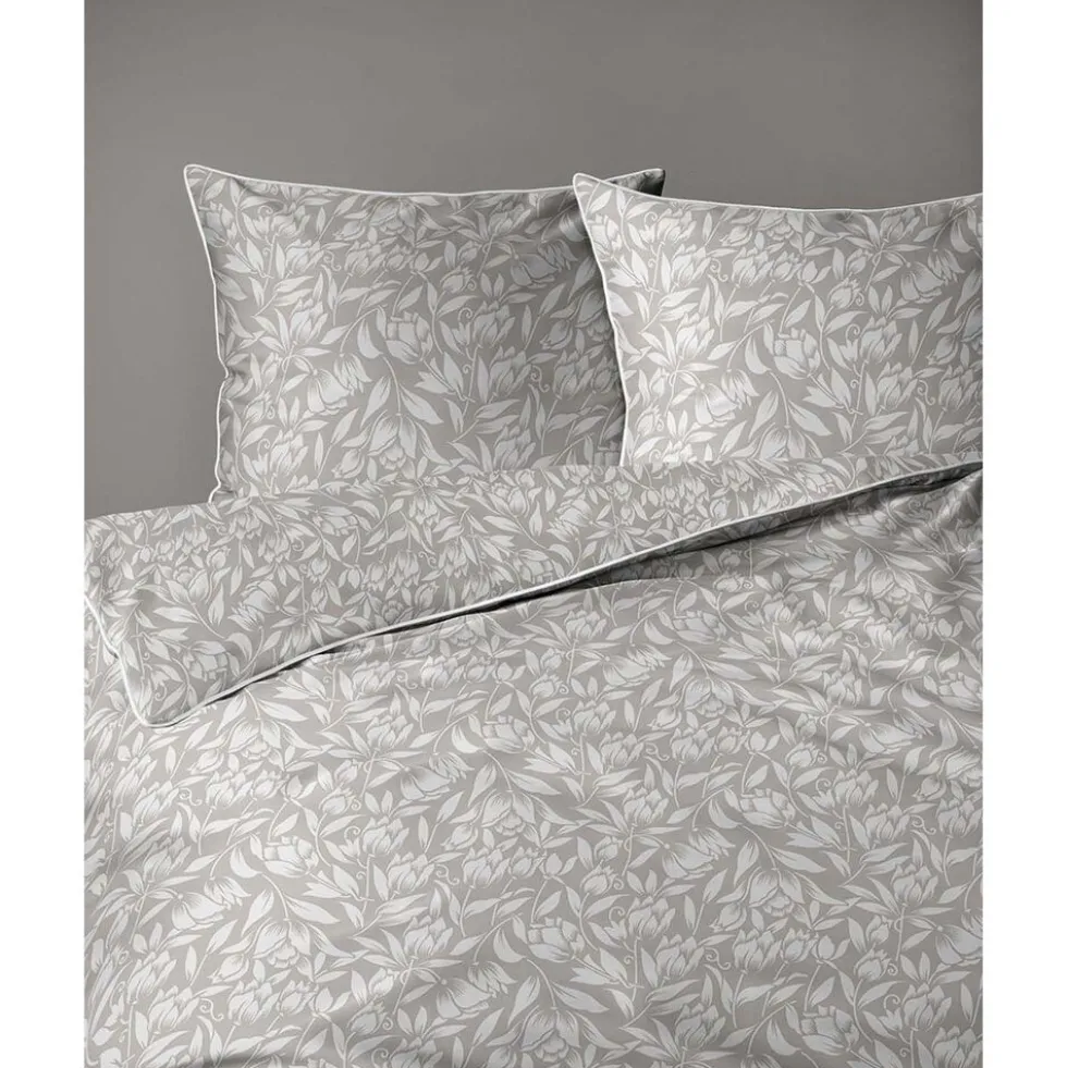 Pościel z perkalu 160 x 200 cm Lame Percale, białe kwiaty, beżowa