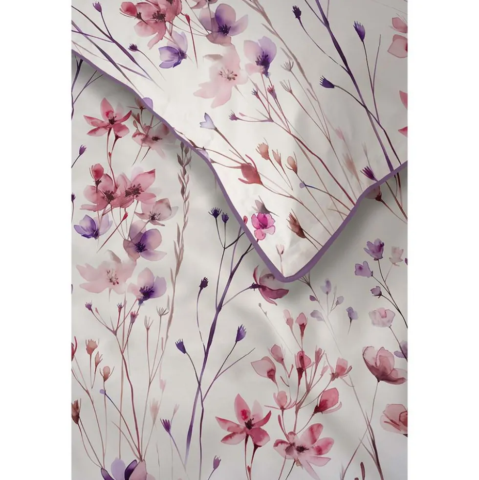 Pościel z perkalu 160 x 200 cm Lame Percale, różowo-fioletowe kwiatki