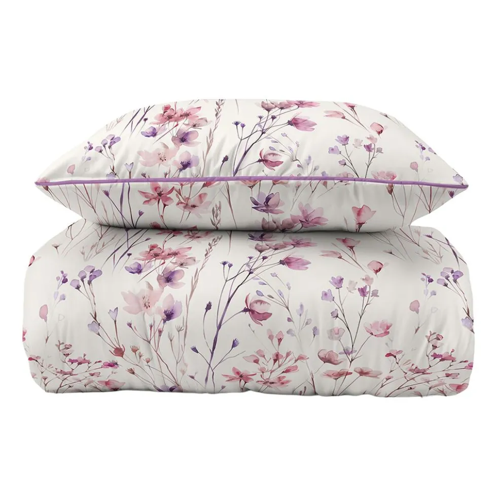Pościel z perkalu 160 x 200 cm Lame Percale, różowo-fioletowe kwiatki
