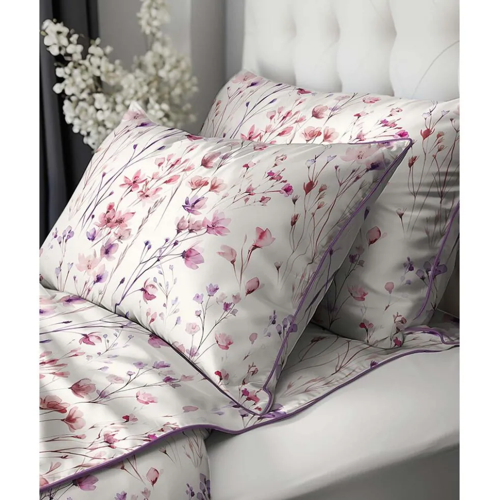 Pościel z perkalu 160 x 200 cm Lame Percale, różowo-fioletowe kwiatki