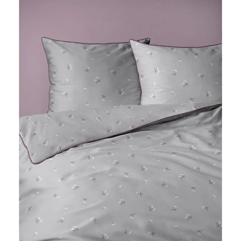 Pościel z perkalu 160 x 200 cm Lame Percale, kwiatki, szara