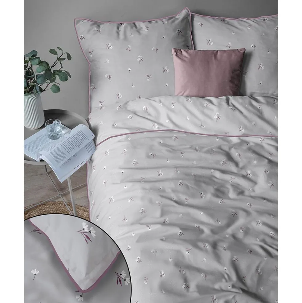 Pościel z perkalu 160 x 200 cm Lame Percale, kwiatki, szara