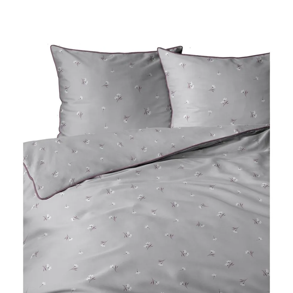 Pościel z perkalu 160 x 200 cm Lame Percale, kwiatki, szara