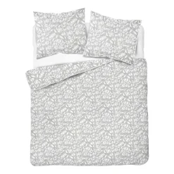 Pościel z perkalu 220 x 200 cm Lame Percale, białe kwiaty, szara