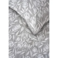 Pościel z perkalu 220 x 200 cm Lame Percale, białe kwiaty, szara