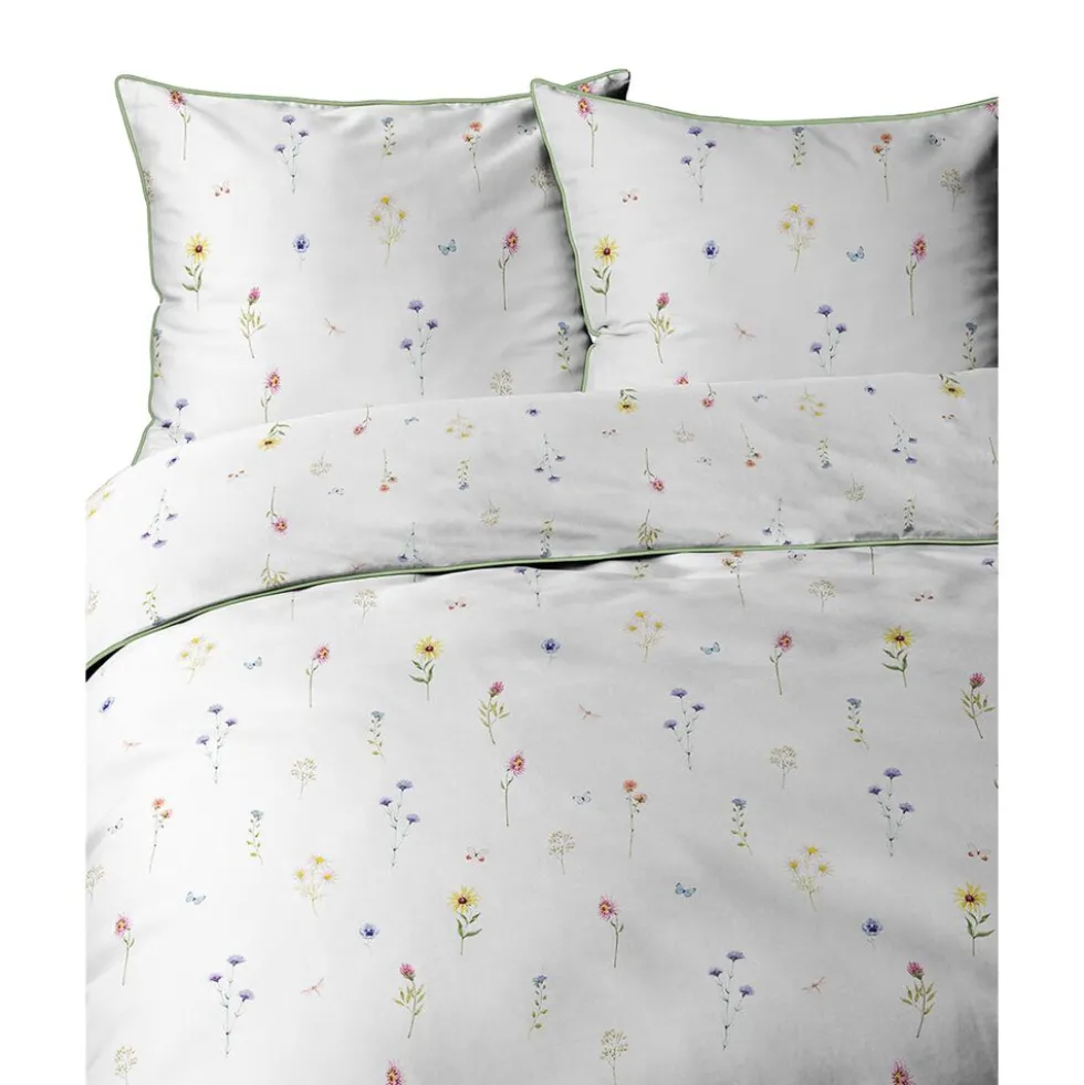 Pościel z perkalu 220 x 200 cm Lame Percale, kolorowe kwiatki, biała