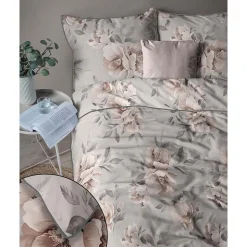 Pościel z perkalu 160 x 200 cm Lame Percale, kwiaty, szara