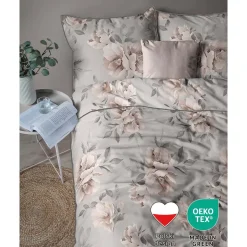 Pościel z perkalu 160 x 200 cm Lame Percale, kwiaty, szara