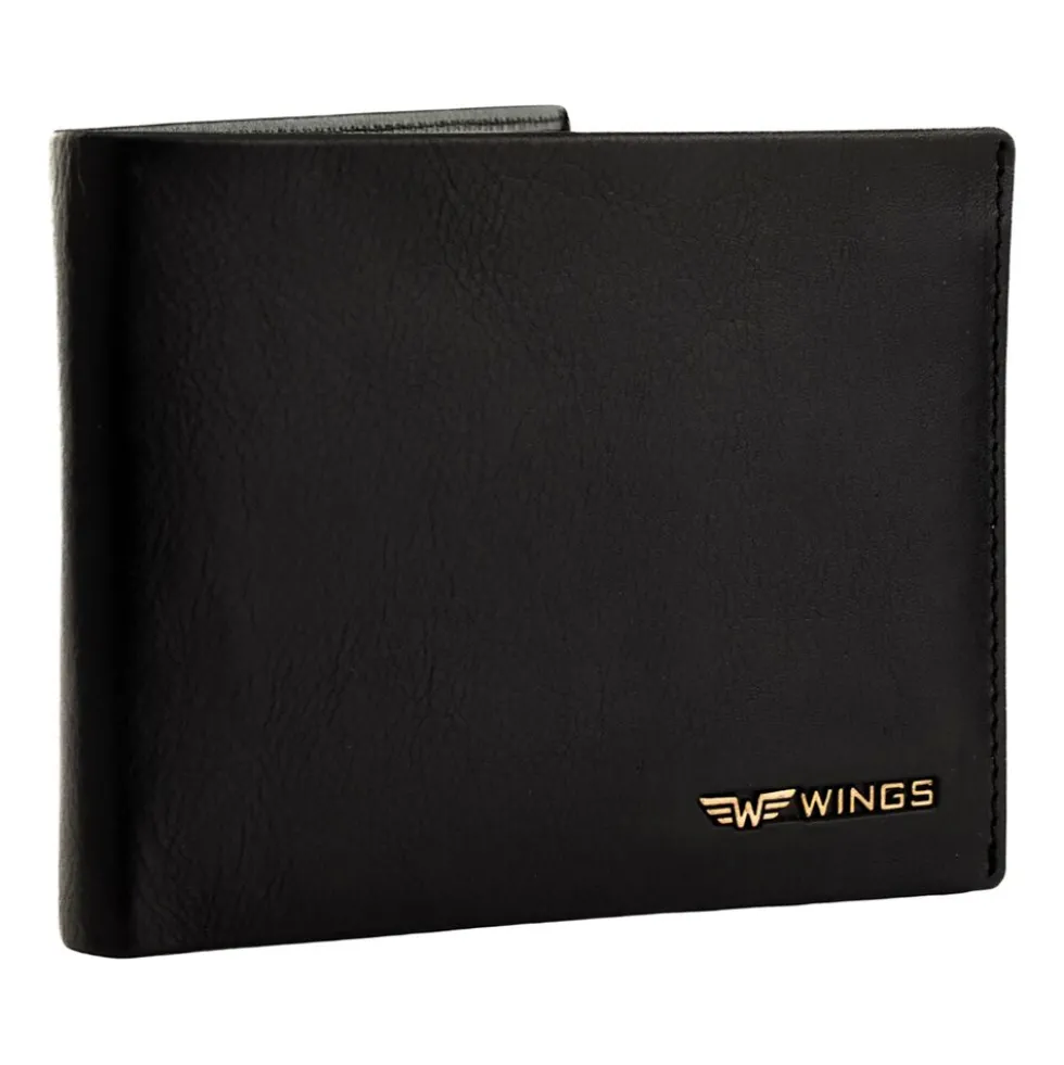 Portfel męski ze skóry bydlęcej Wings, 11 x 13 x 2 cm, RFID, czarny
