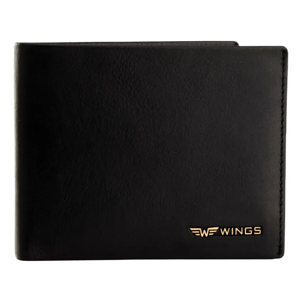 Portfel męski ze skóry bydlęcej Wings, 11 x 13 x 2 cm, RFID, z kieszenią na monety, czarny