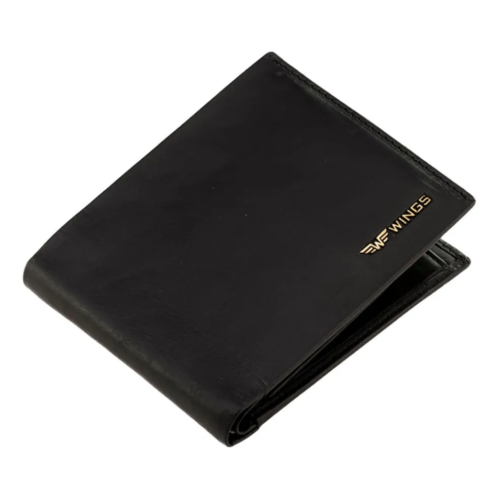 Portfel męski ze skóry bydlęcej Wings, 11 x 13 x 2 cm, RFID, z kieszenią na monety, czarny
