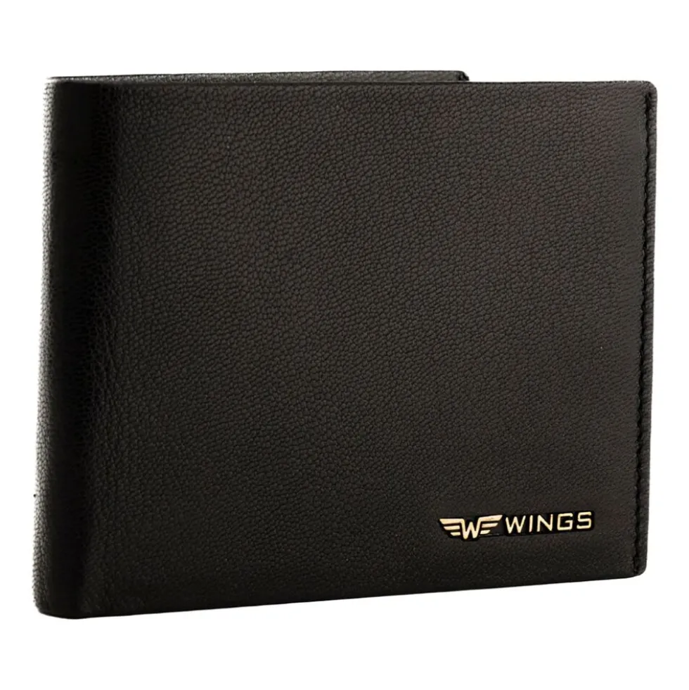 Portfel męski ze skóry koziej Wings, 11 x 13 x 2 cm, RFID, czarny