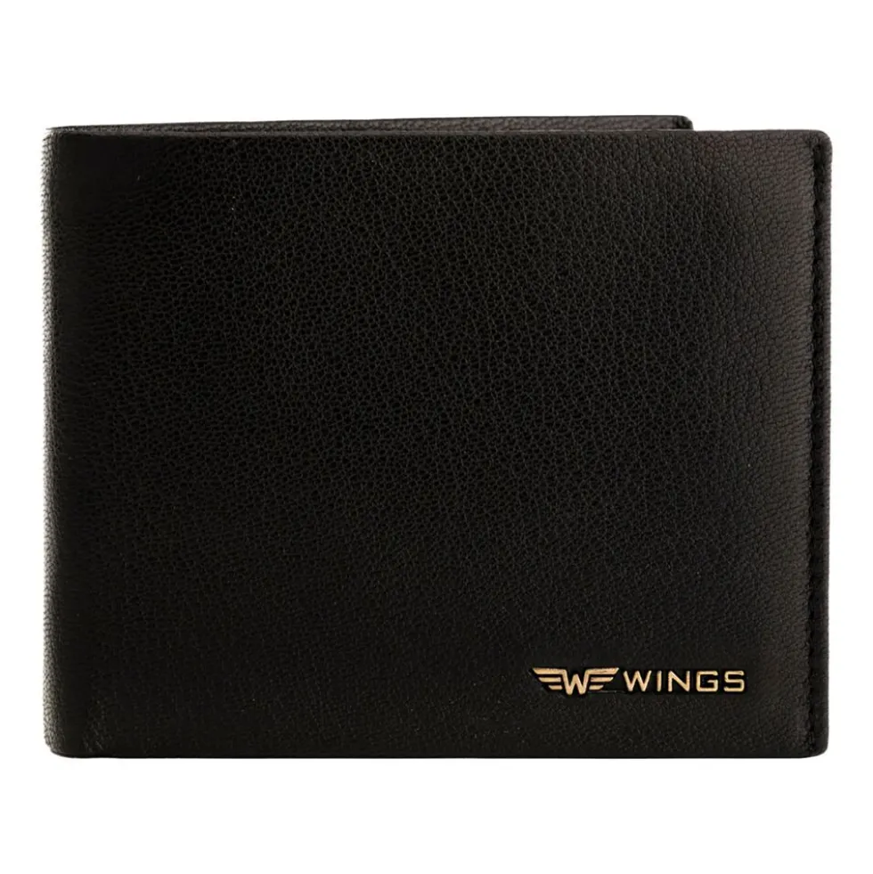Portfel męski ze skóry koziej Wings, 11 x 13 x 2 cm, RFID, czarny